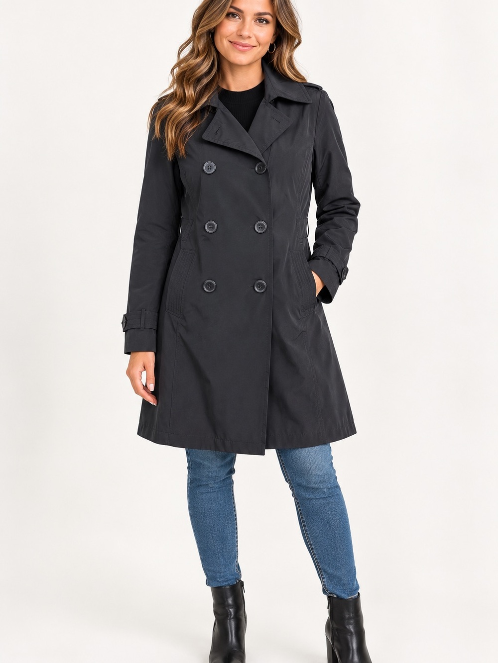 FOG by London Fog Double-Breasted Trench Coat Black Size S Beltless
